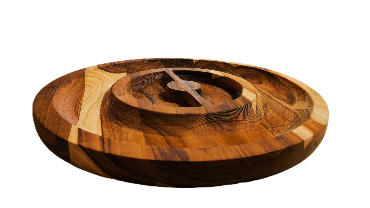 Artisan Round Wooden Serving Tray – 15in Board with Circular Rim and Semi‑Circle Compartments