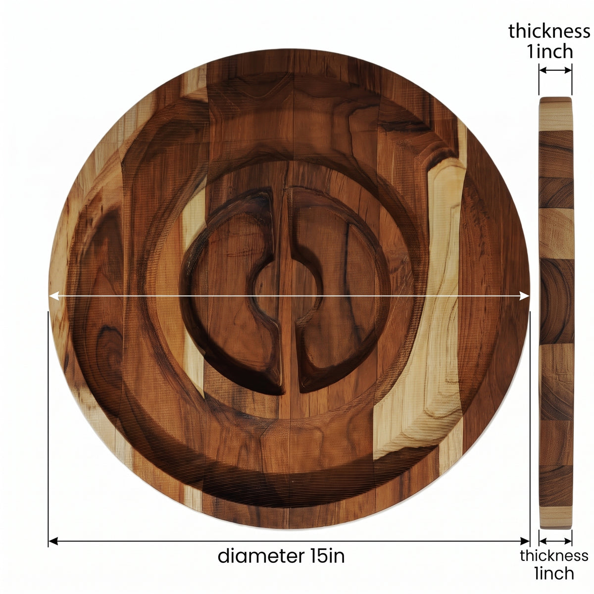 Artisan Round Wooden Serving Tray – 15in Board with Circular Rim and Semi‑Circle Compartments