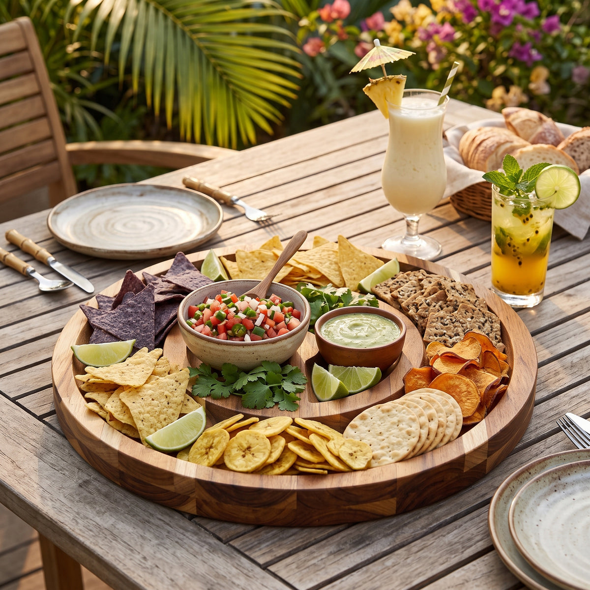 Artisan Round Wooden Serving Tray – 15in Board with Circular Rim and Semi‑Circle Compartments