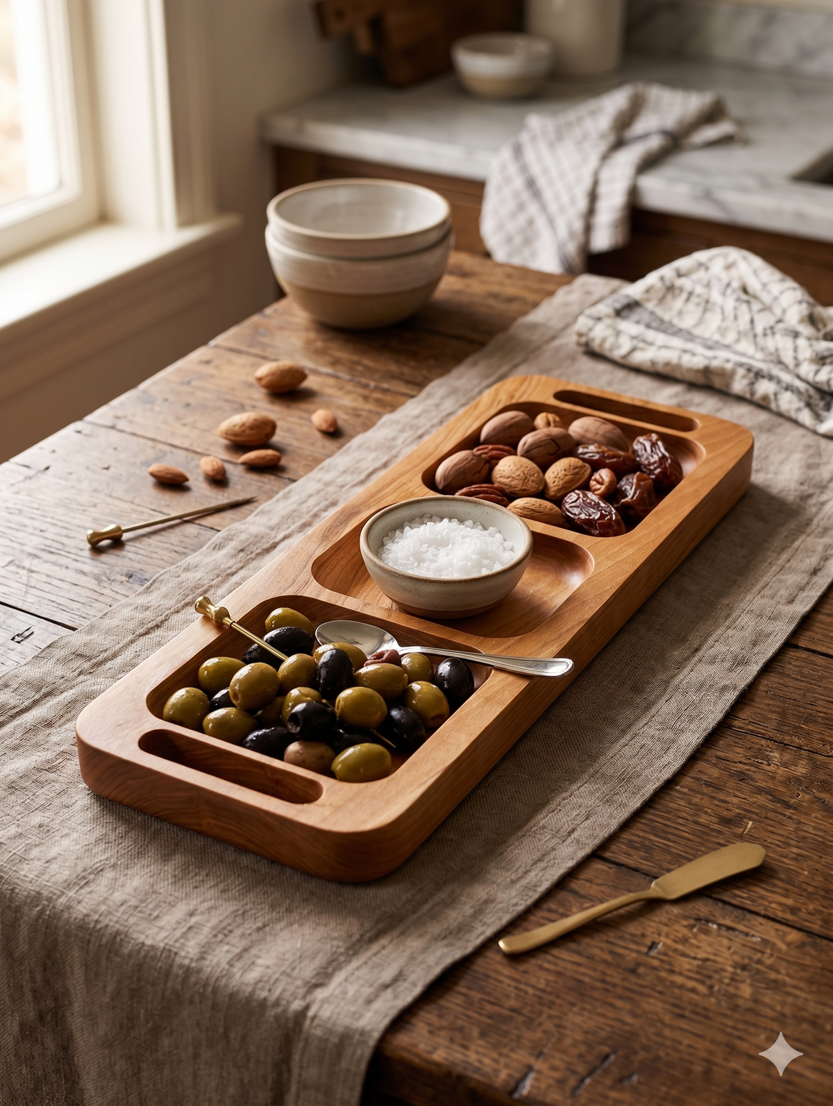 Premium Wooden Snack Tray – Three‑Compartment Dry Fruit & Nut Server