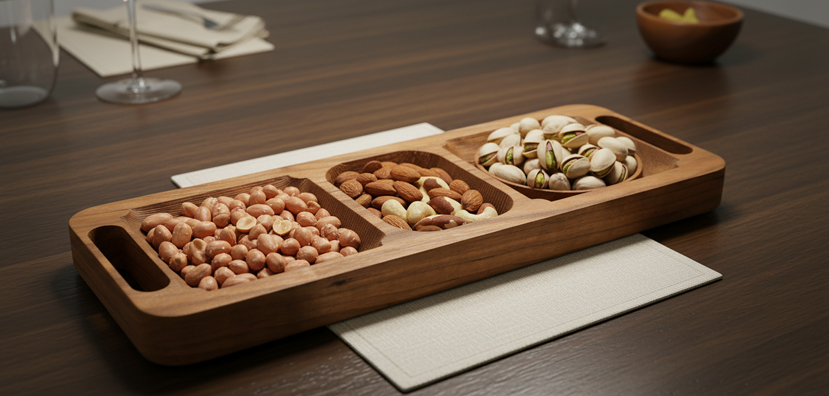Premium Wooden Snack Tray – Three‑Compartment Dry Fruit & Nut Server