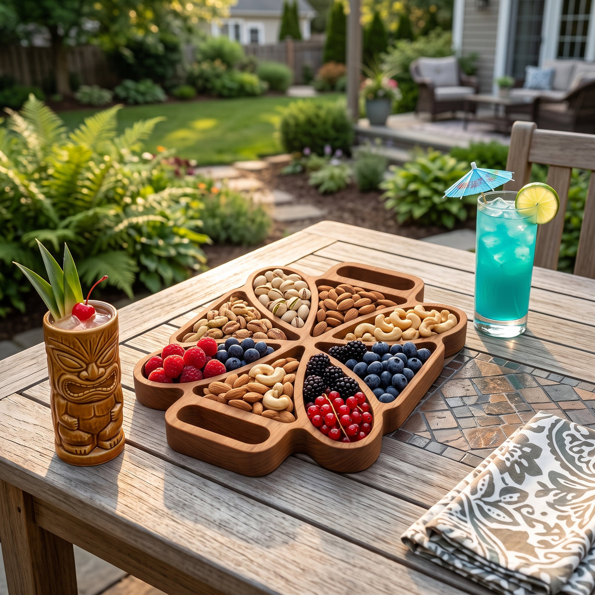 Artisan Wooden Petal‑Style Serving Tray – Multi‑Section Snack & Appetizer Platter