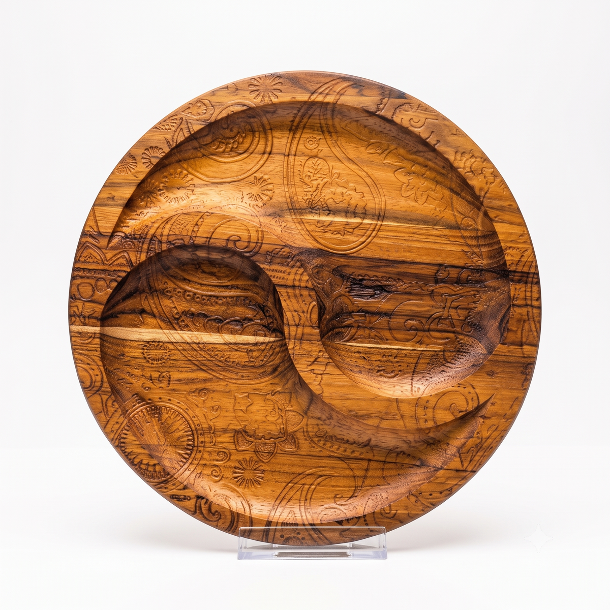 Artisan Round Handcrafted Yin-Yang Dual Harmony Carved Wooden Serving Tray