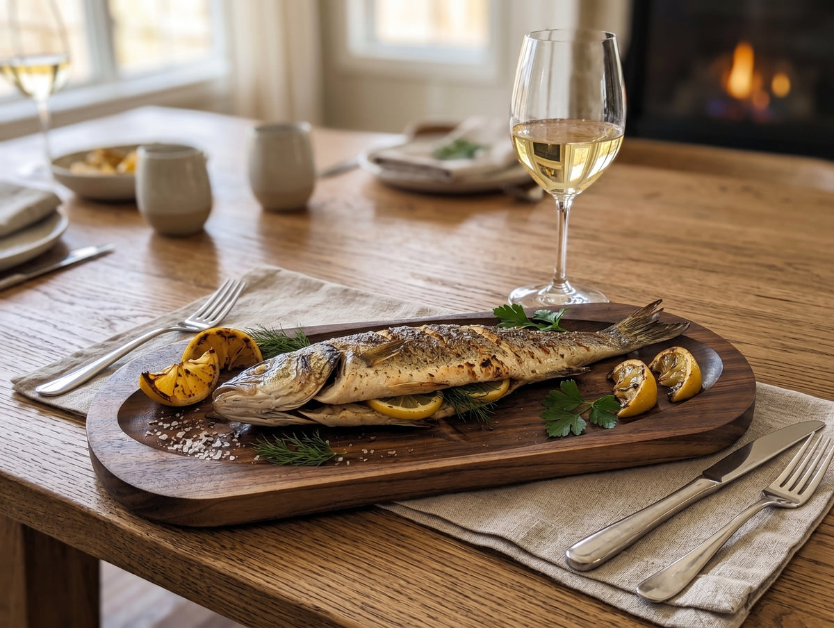 Handcrafted Long Wooden Fish Serving Tray – Premium Carved Platter for Whole Fish Presentation