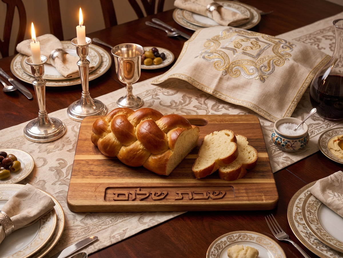 Elegant Wooden Challah Board with Handle – Carved ‘Shabbat Shalom’ Hebrew Design