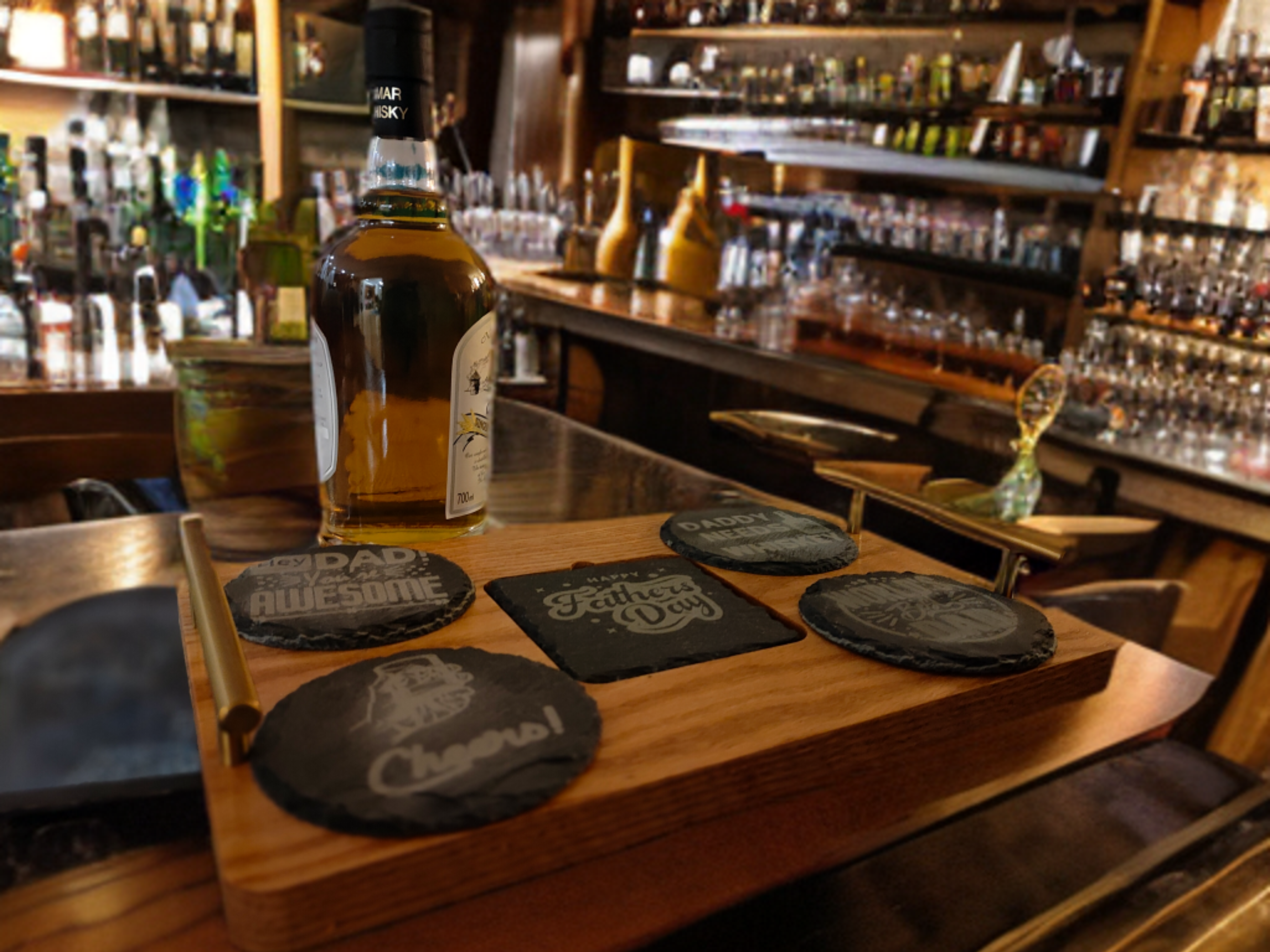 Father's Day themed Drinks Serving Tray with 5 engraved slate coasters