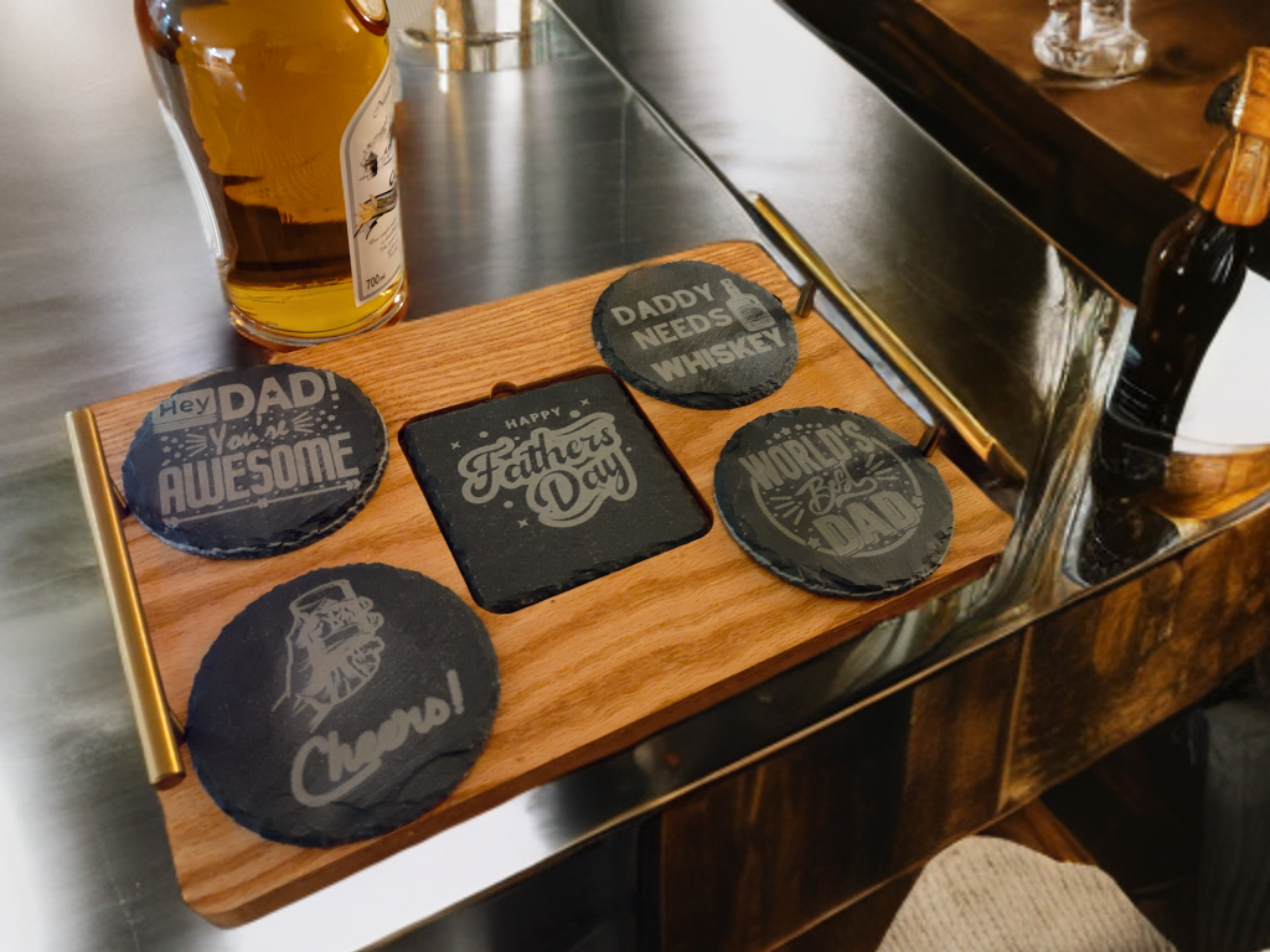 Father's Day themed Drinks Serving Tray with 5 engraved slate coasters