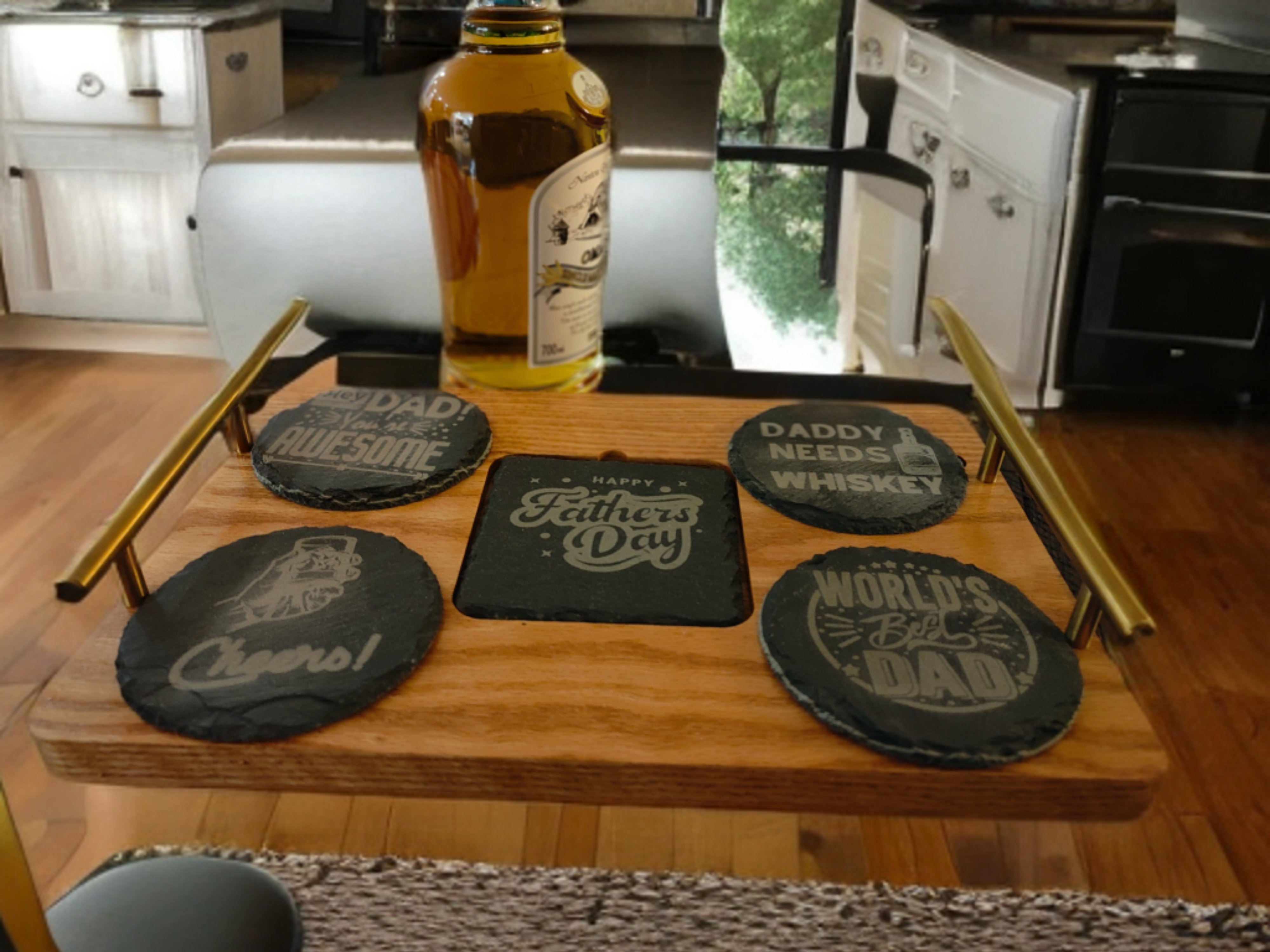 Father's Day themed Drinks Serving Tray with 5 engraved slate coasters