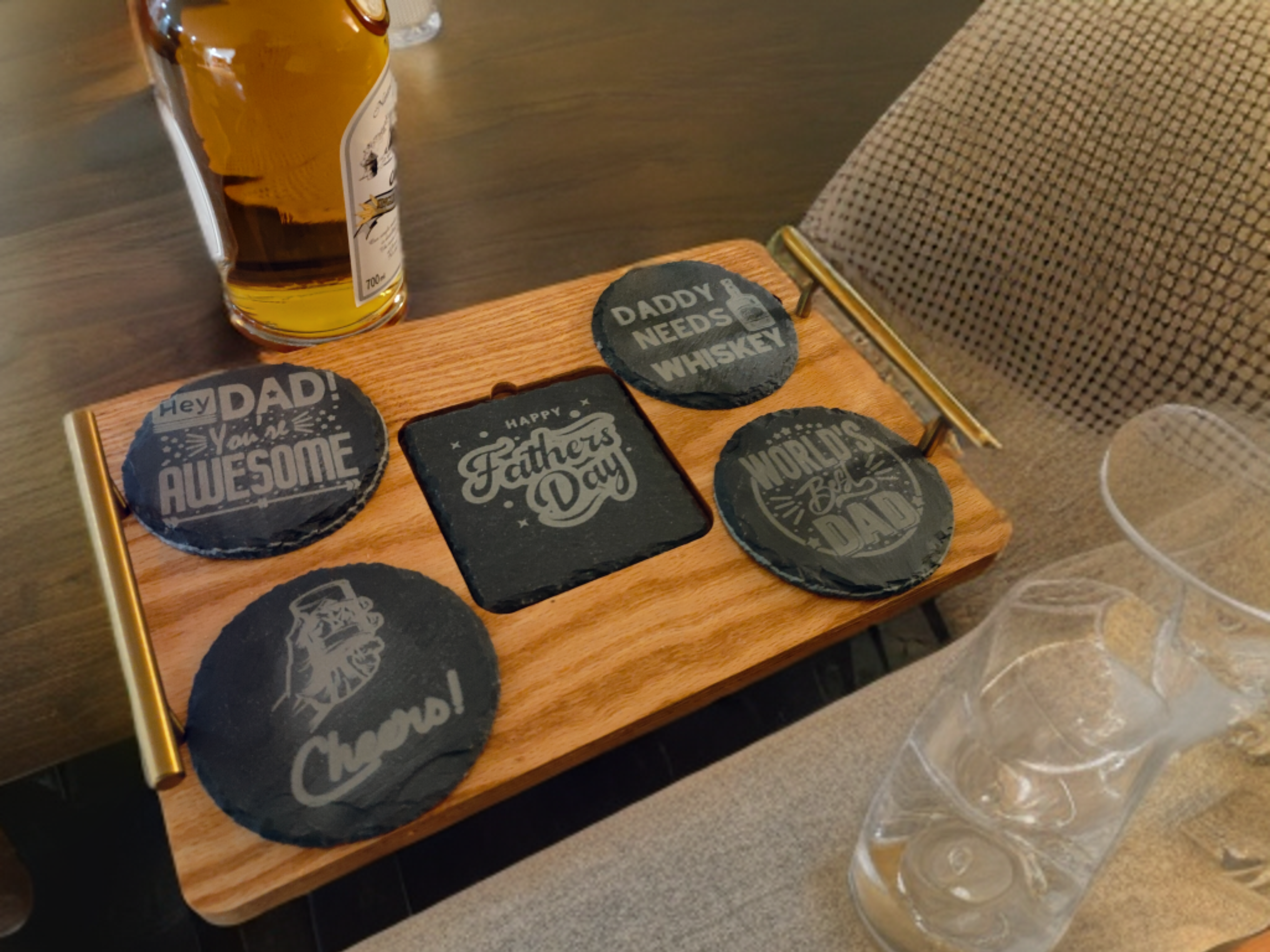 Father's Day themed Drinks Serving Tray with 5 engraved slate coasters