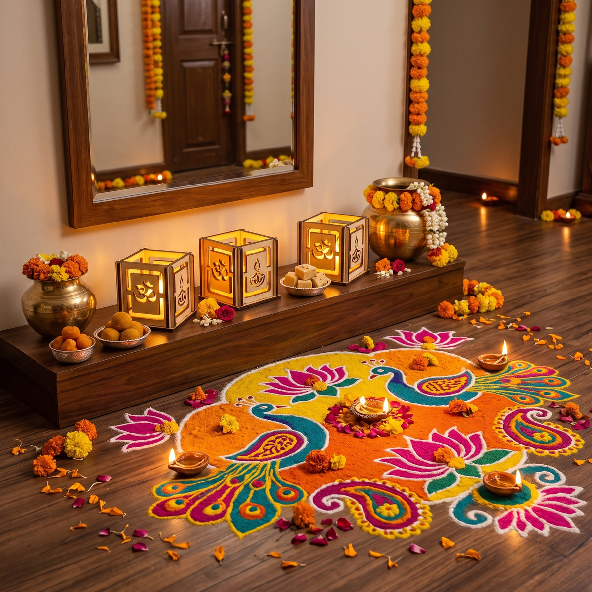 Handcrafted Diwali Tea Light Box – 2-Inch Wooden Cube with Spiritual Designs