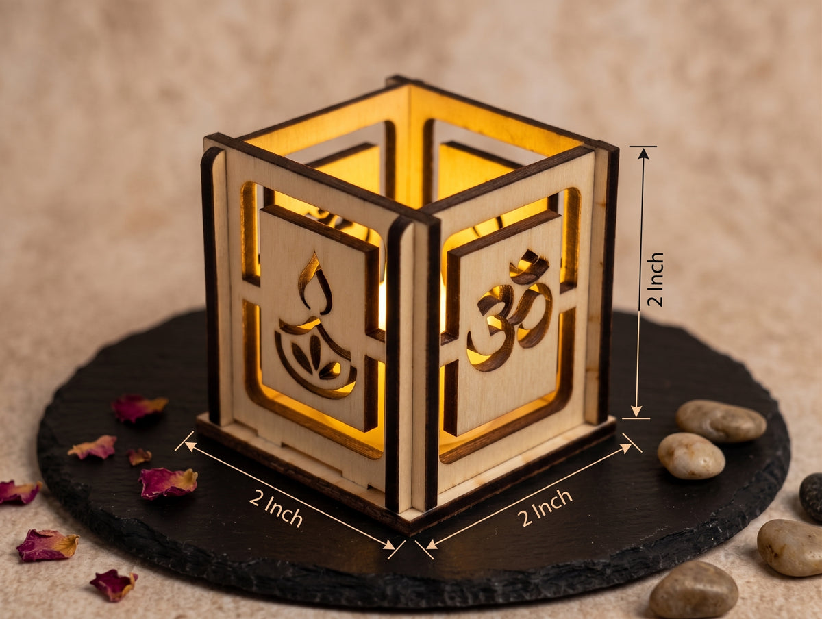 Handcrafted Diwali Tea Light Box – 2-Inch Wooden Cube with Spiritual Designs