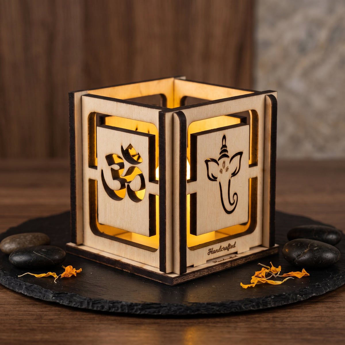 Handcrafted Diwali Tea Light Box – 2-Inch Wooden Cube with Spiritual Designs