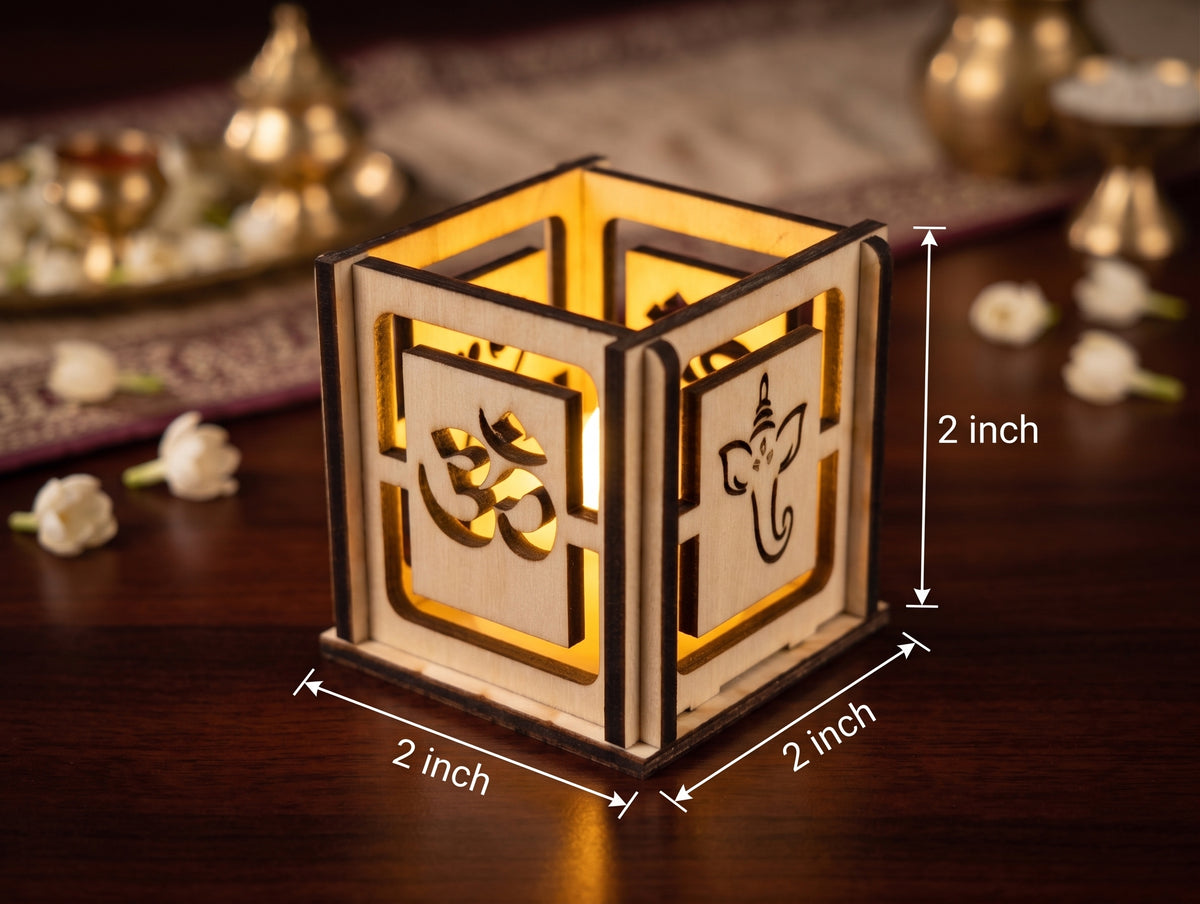 Handcrafted Diwali Tea Light Box – 2-Inch Wooden Cube with Spiritual Designs
