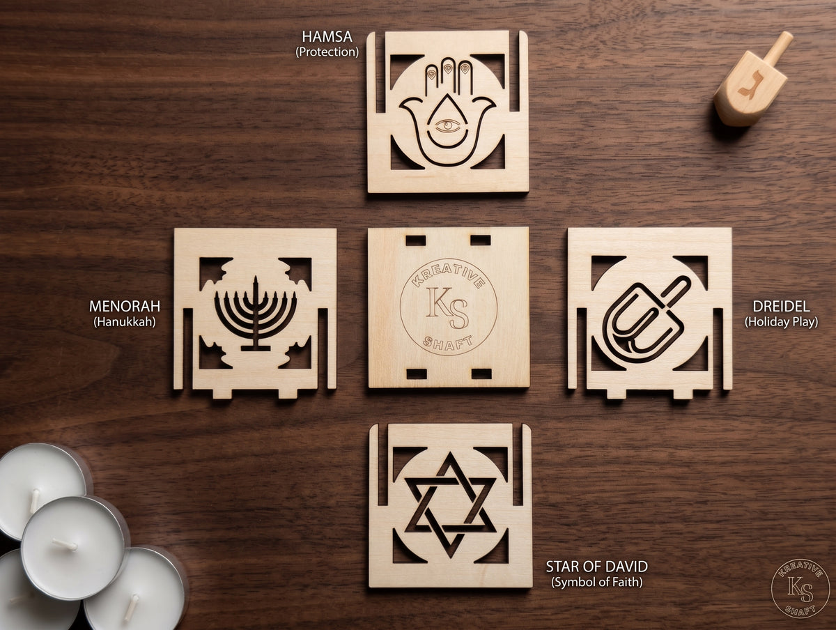 Jewish Holiday Tea Light Box – Handcrafted Cube with Traditional Symbol Carvings