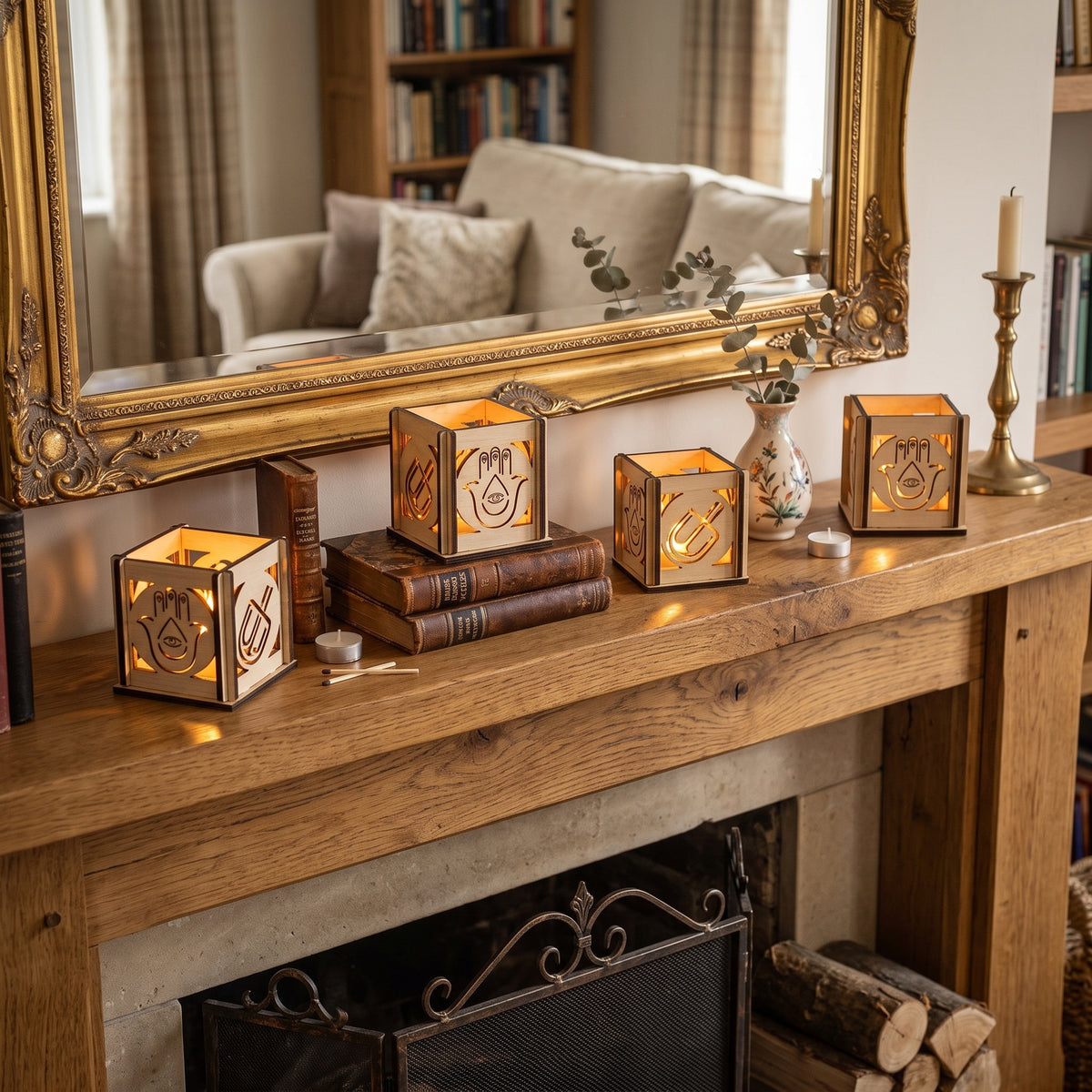Jewish Holiday Tea Light Box – Handcrafted Cube with Traditional Symbol Carvings