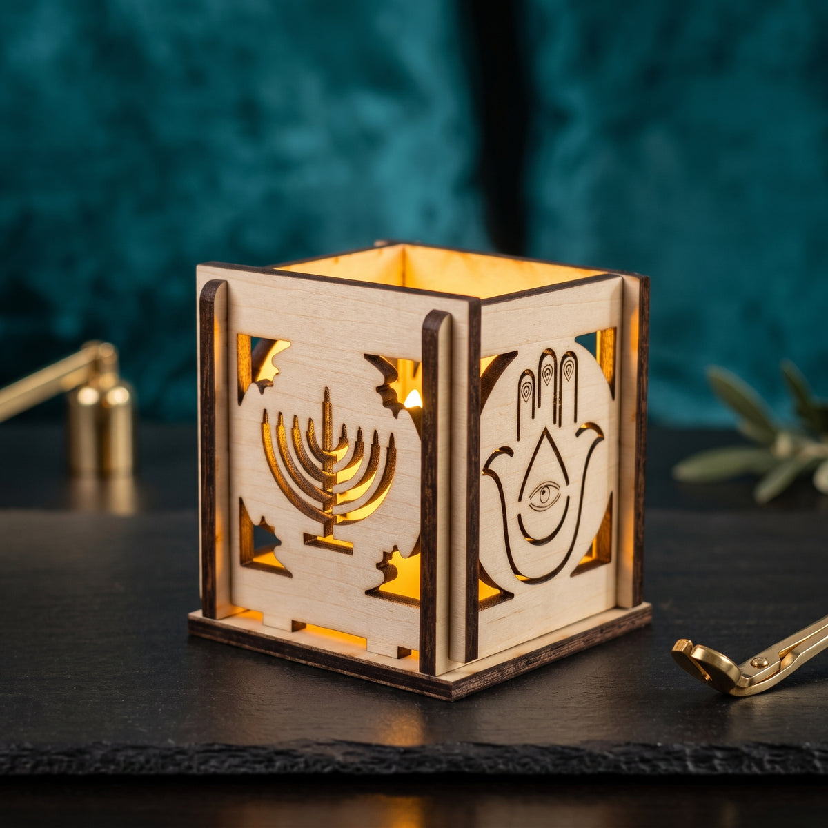 Jewish Holiday Tea Light Box – Handcrafted Cube with Traditional Symbol Carvings