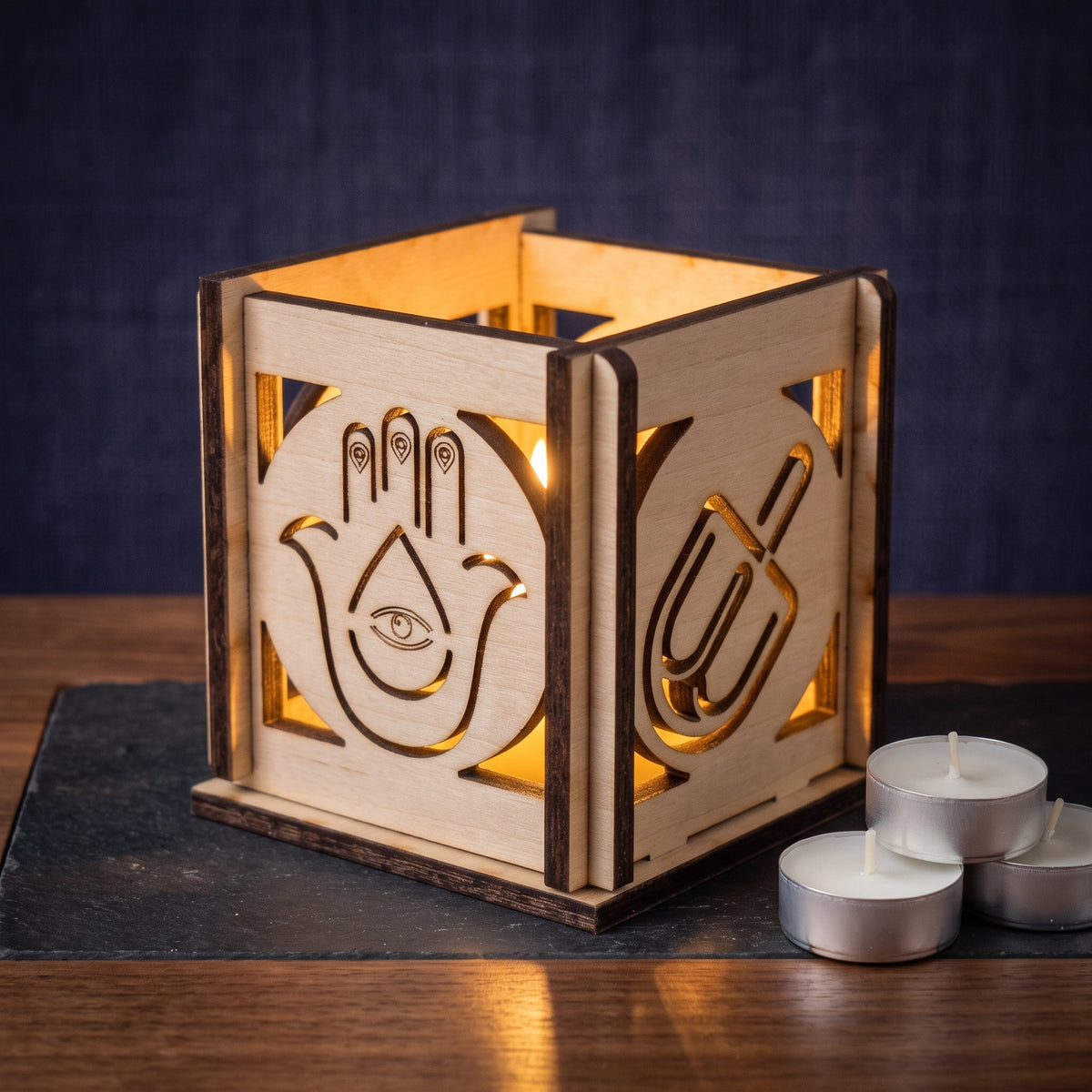 Jewish Holiday Tea Light Box – Handcrafted Cube with Traditional Symbol Carvings