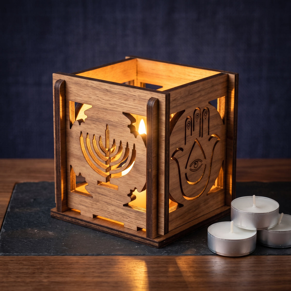 Jewish Holiday Tea Light Box – Handcrafted Cube with Traditional Symbol Carvings