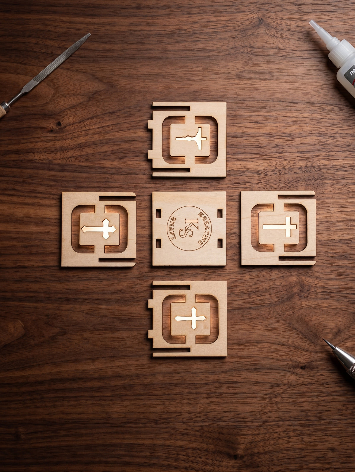Christmas Holiday Tea Light Box – Handcrafted Cube with Traditional Cross Carvings