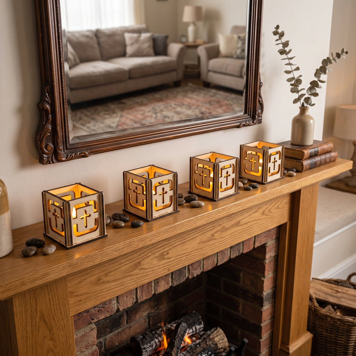 Christmas Holiday Tea Light Box – Handcrafted Cube with Traditional Cross Carvings