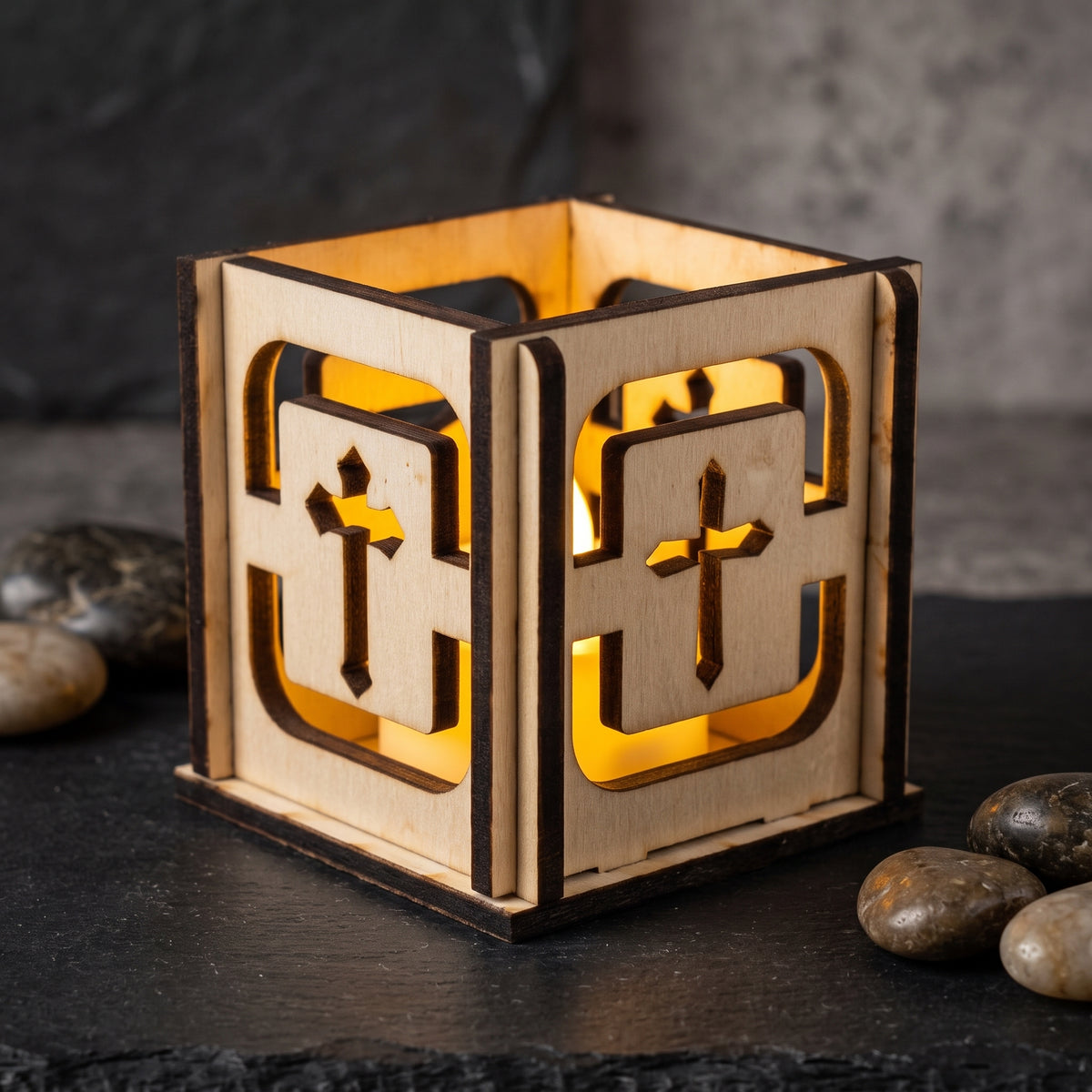 Christmas Holiday Tea Light Box – Handcrafted Cube with Traditional Cross Carvings