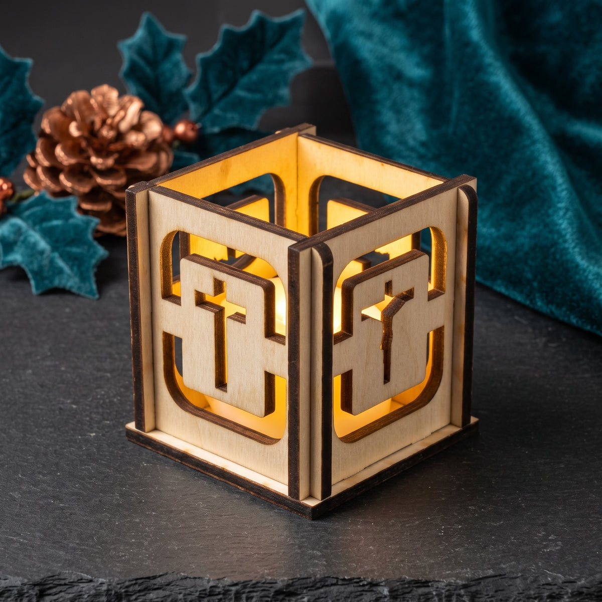 Christmas Holiday Tea Light Box – Handcrafted Cube with Traditional Cross Carvings