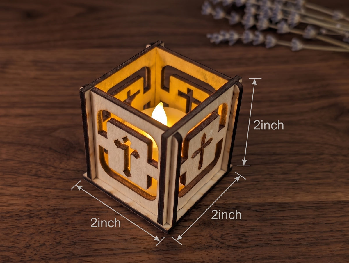 Christmas Holiday Tea Light Box – Handcrafted Cube with Traditional Cross Carvings