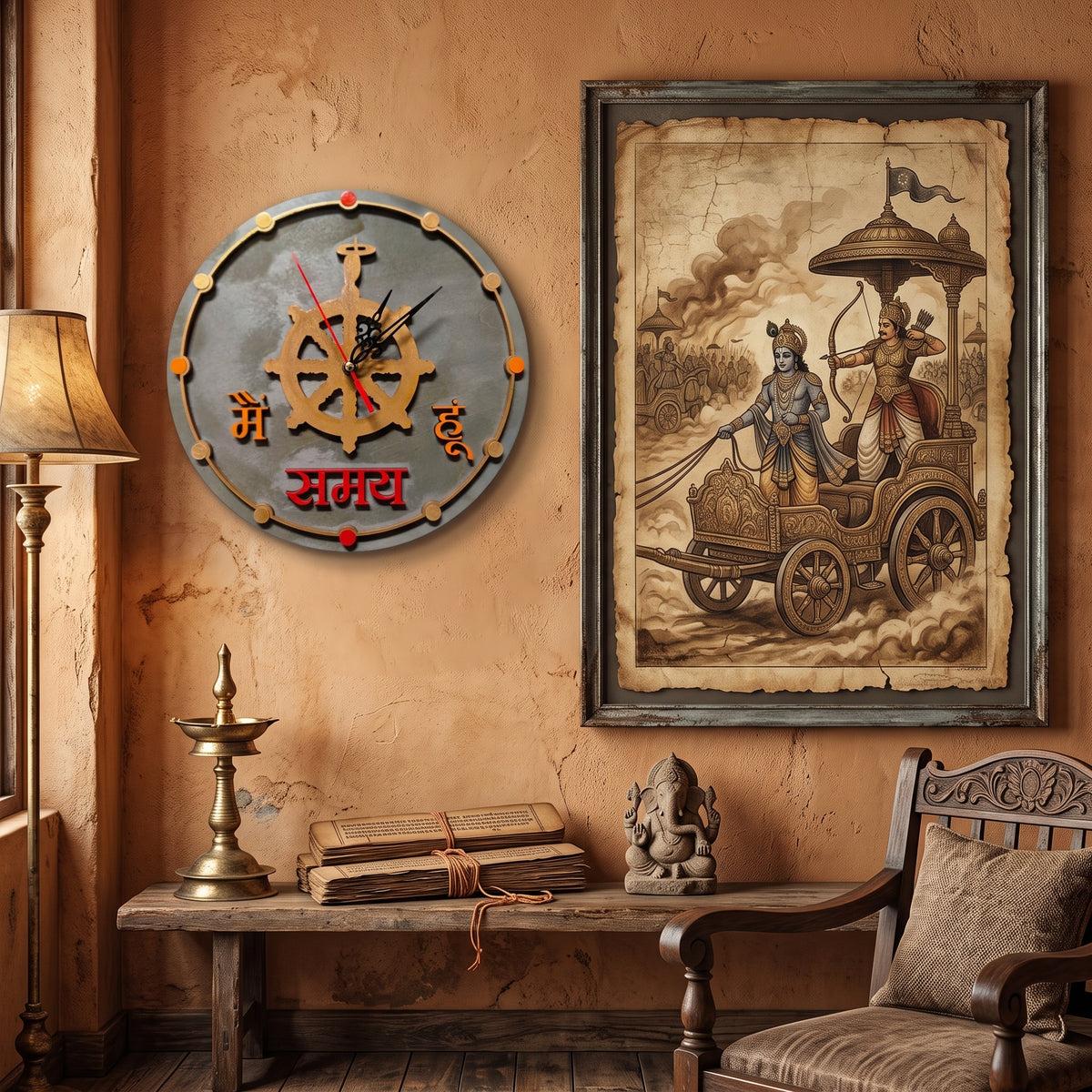 Main Samay Hu – Wooden Carved Wall Clock Inspired by the Mahabharata