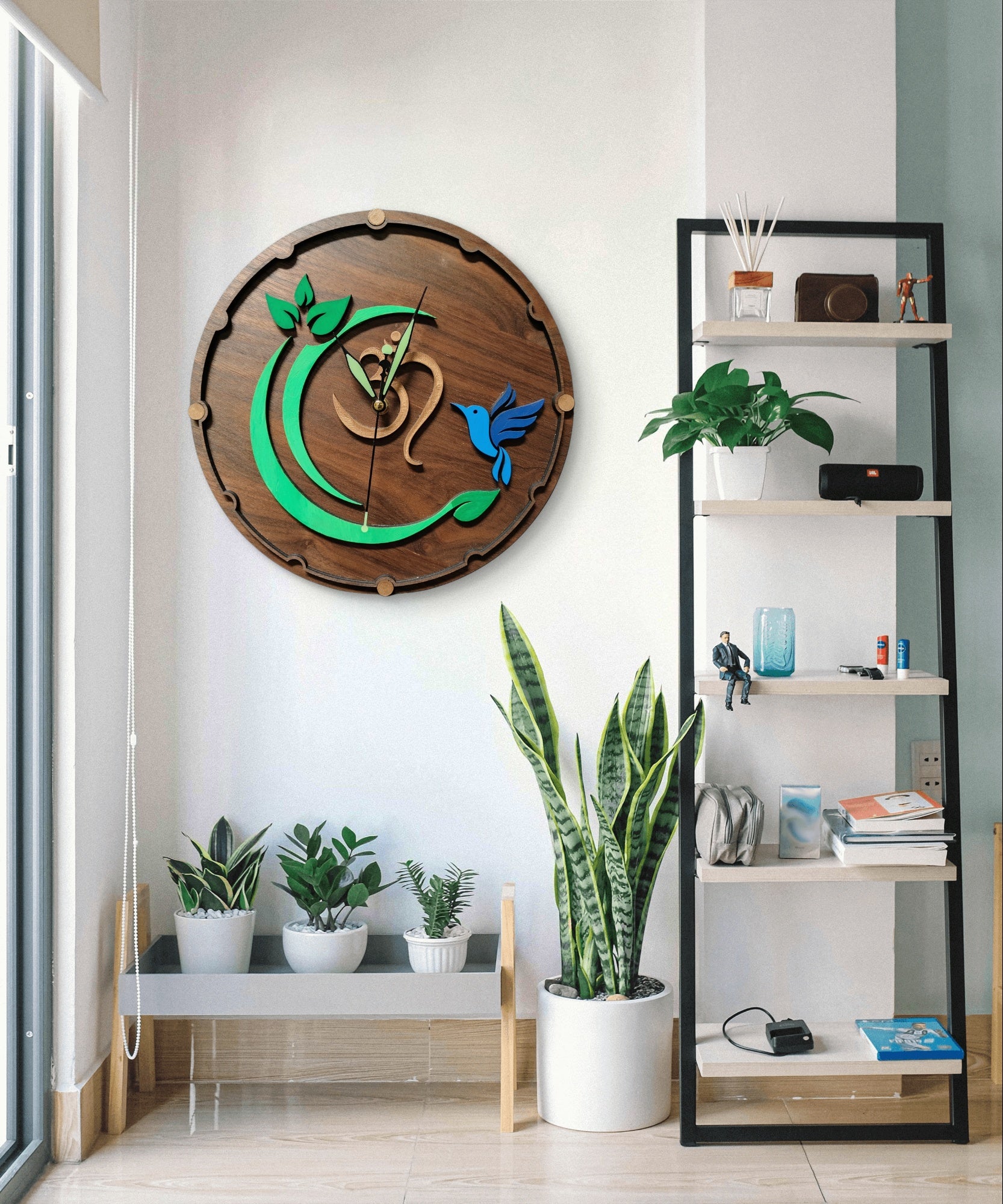 Spiritual Wooden Wall Clock – “Om & Bluebird in Harmony”