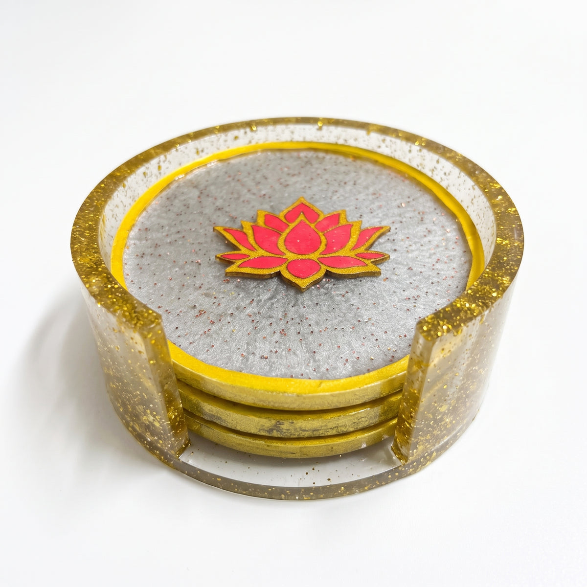 Elegant Lotus Flower Resin Coaster Set of 4 with Matching Holder (3.5")