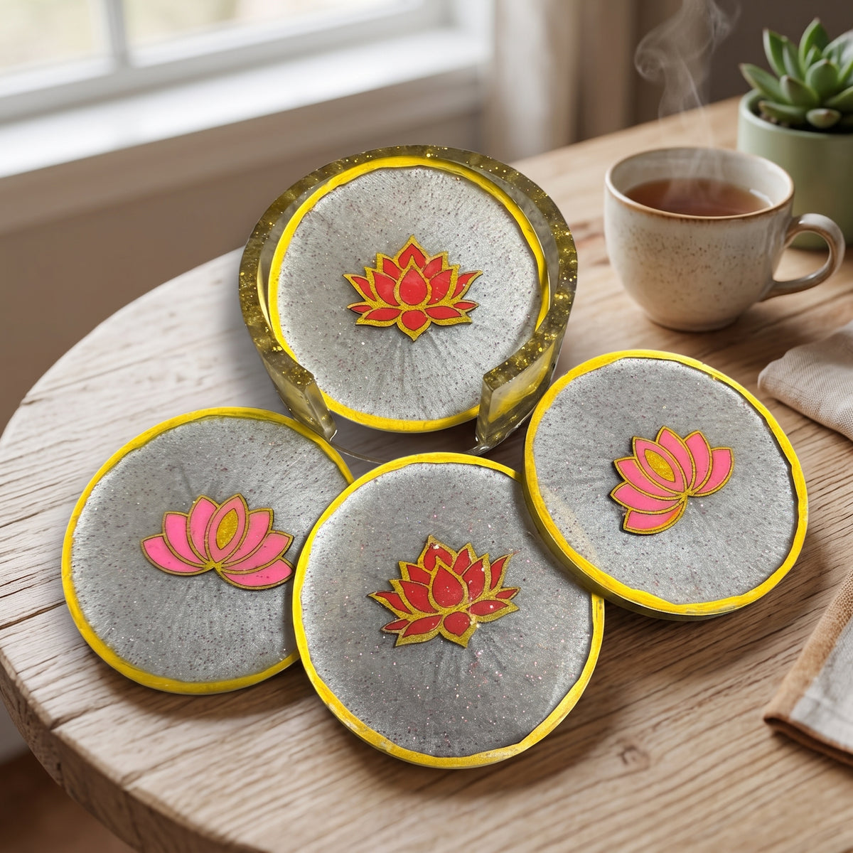 Elegant Lotus Flower Resin Coaster Set of 4 with Matching Holder (3.5")