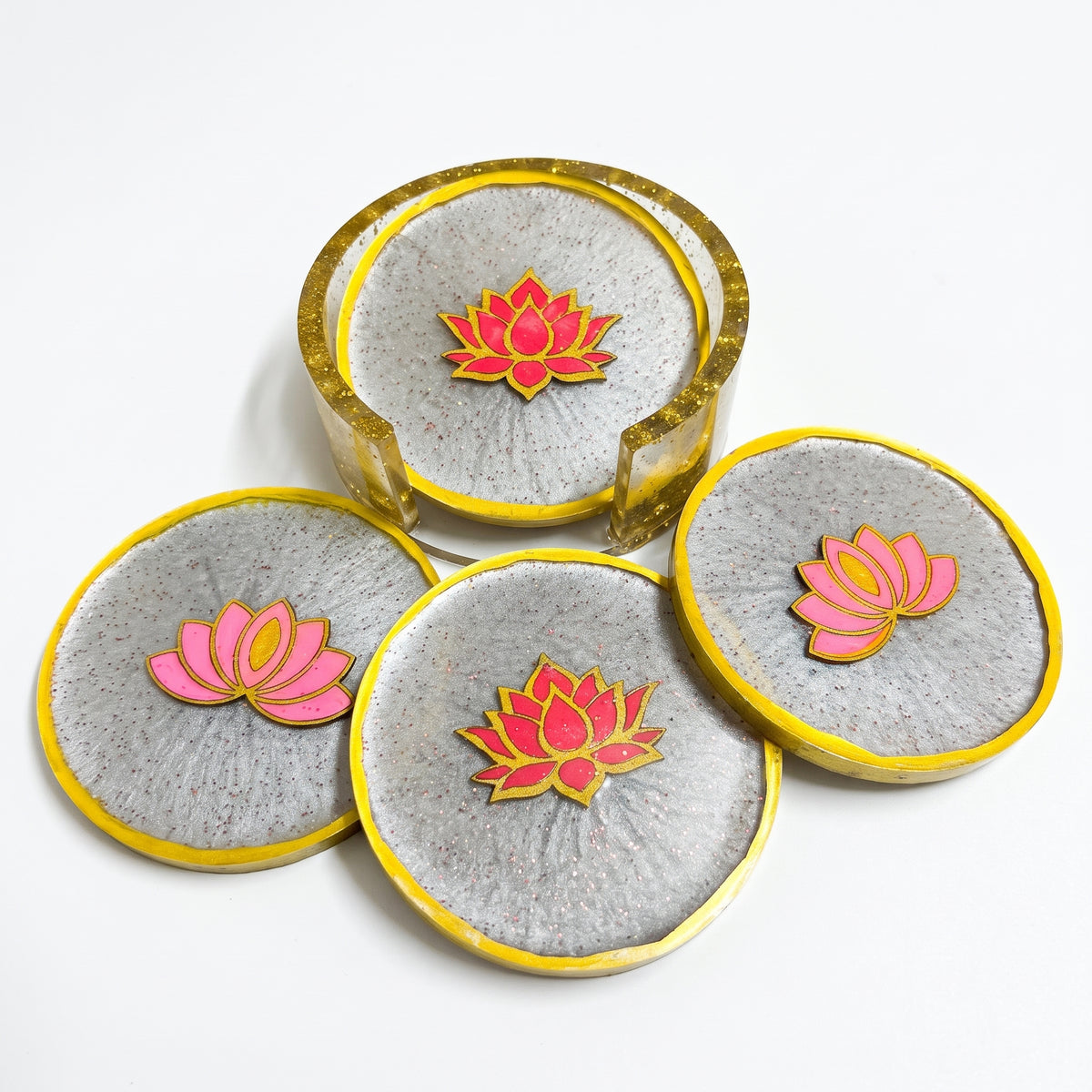 Elegant Lotus Flower Resin Coaster Set of 4 with Matching Holder (3.5")