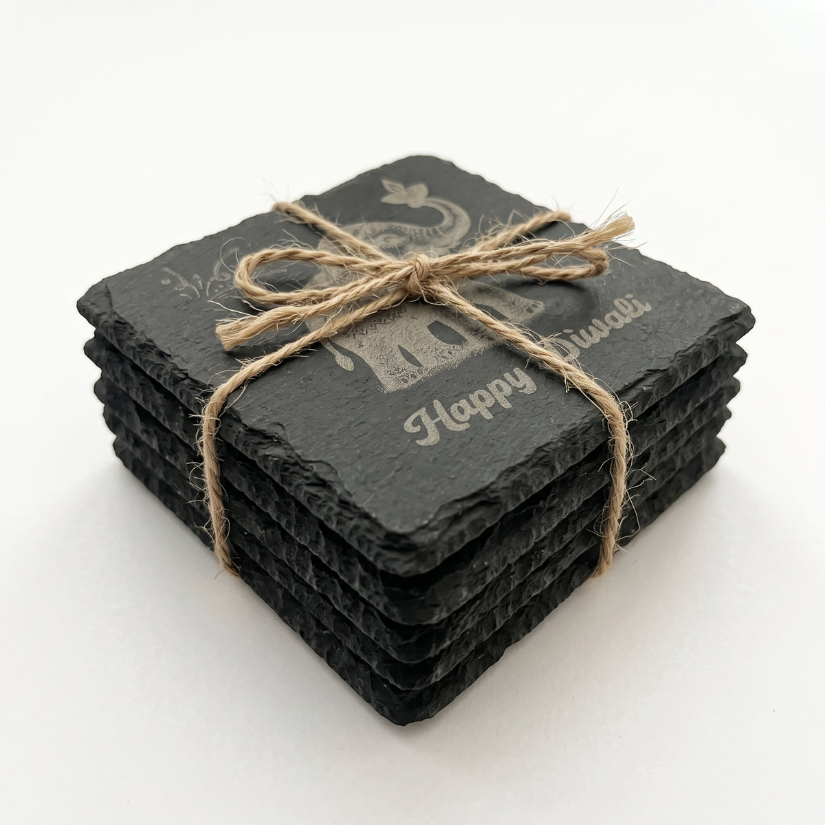 Handcrafted Slate Diwali Coasters – Set of 4 Engraved Designs