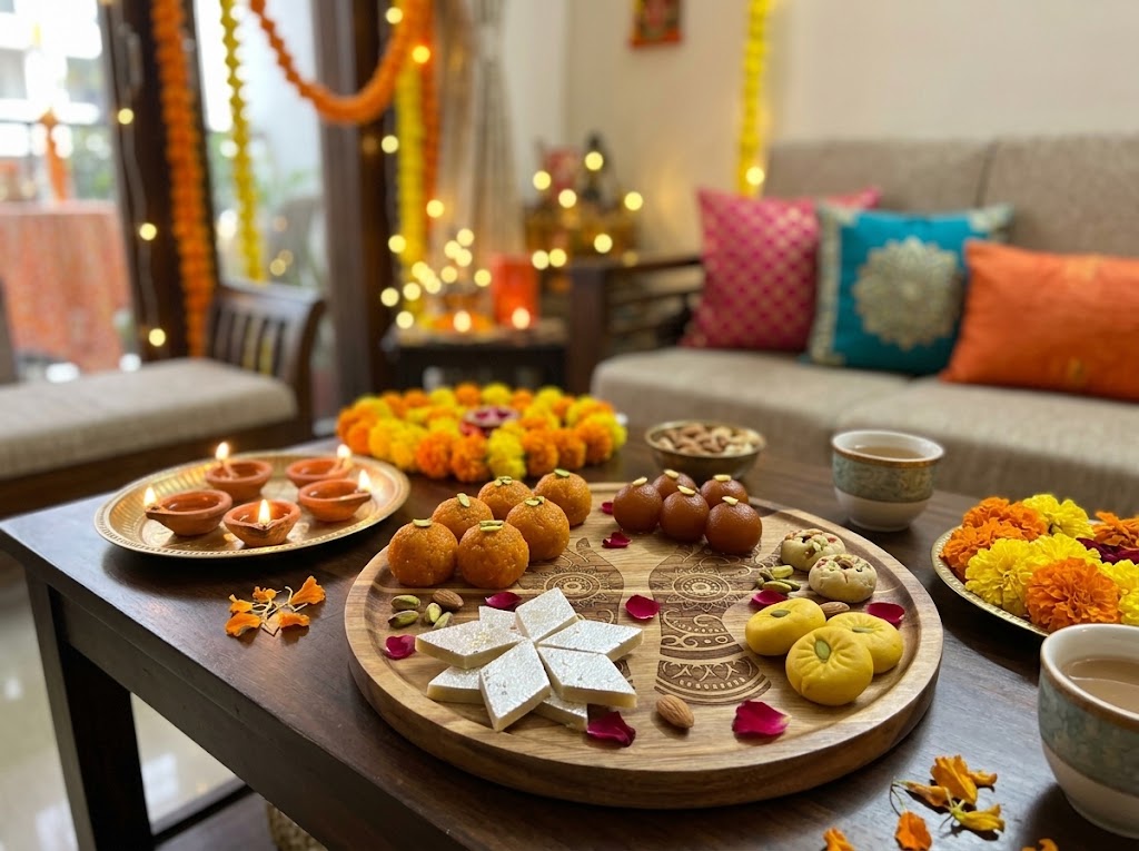 10" Hand-Engraved Wooden Diwali Serving Tray | Intricate Mehndi Art Platter