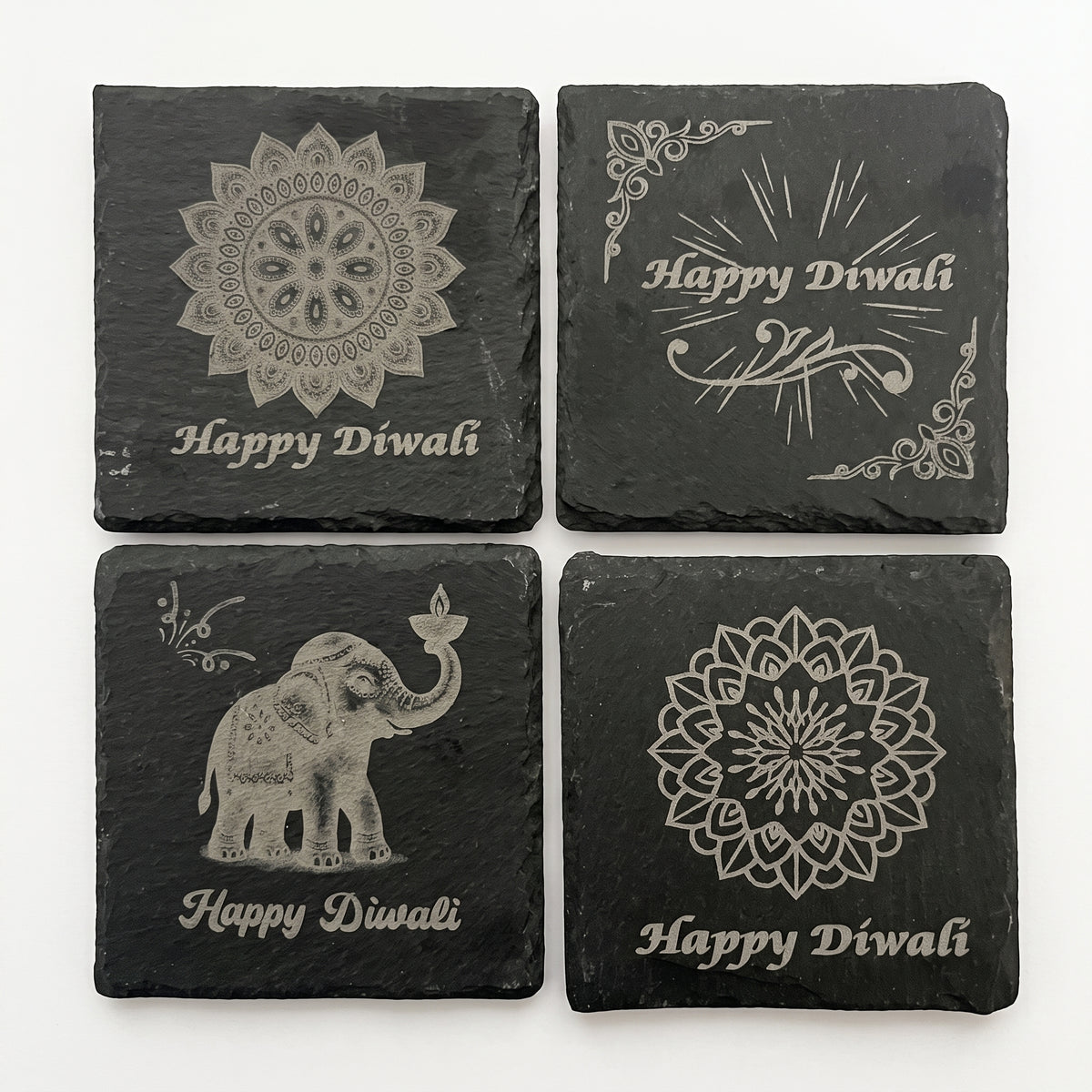 Handcrafted Slate Diwali Coasters – Set of 4 Engraved Designs