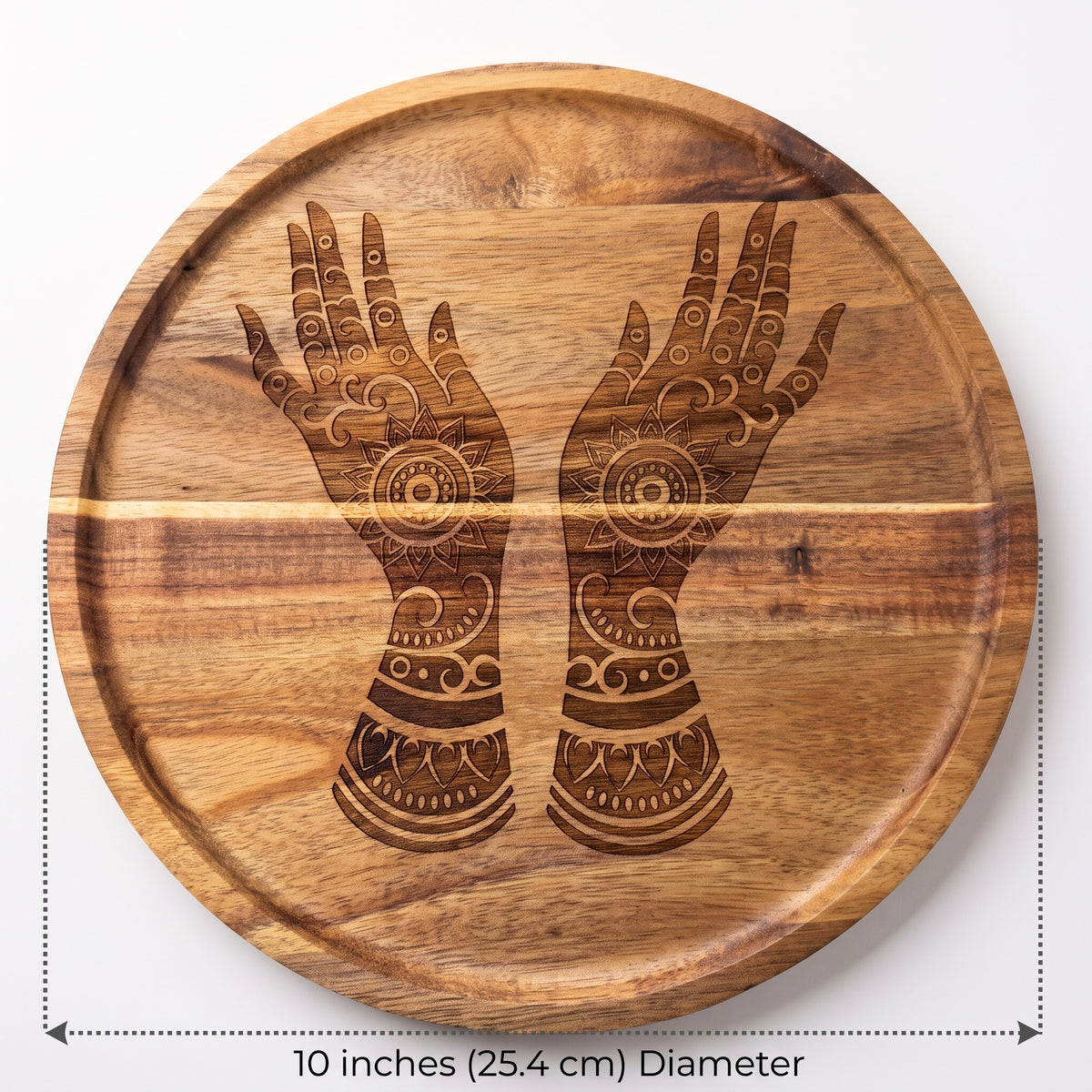 10" Hand-Engraved Wooden Diwali Serving Tray | Intricate Mehndi Art Platter