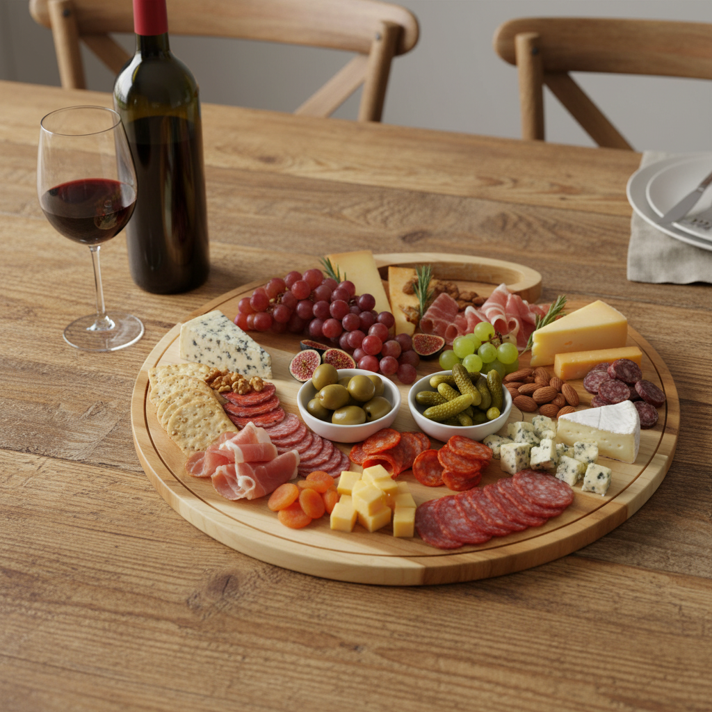 Large Round Maple Charcuterie Board with Handle, Handmade USA - Free Engraving (LSTRAY002)