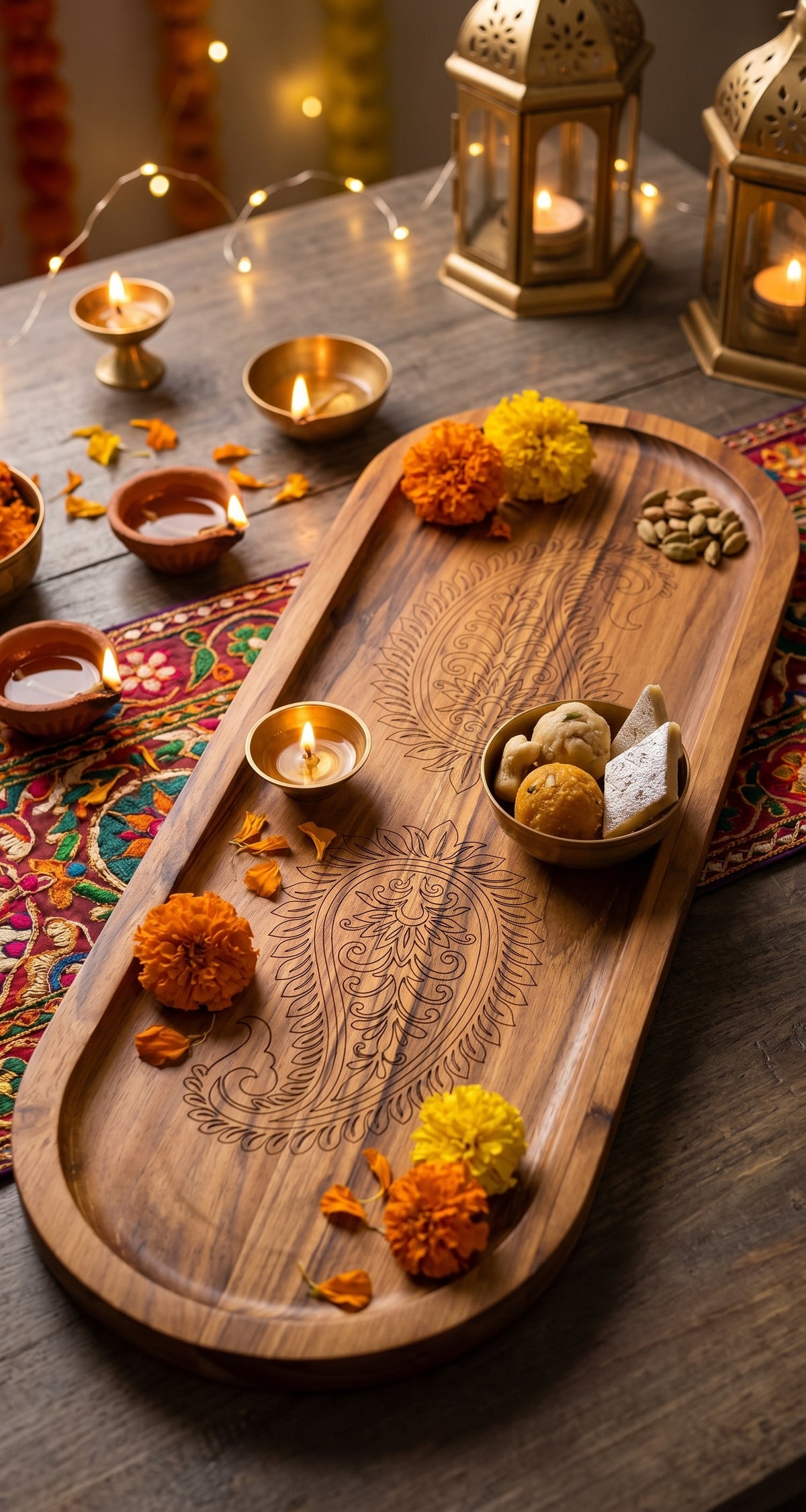 Handcrafted Wooden Diwali Tray with Laser-Engraved Paisley Motif (15" x 5")