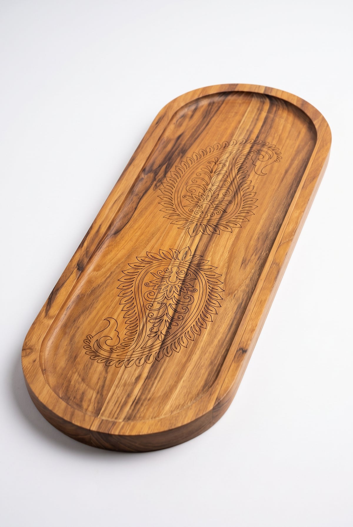 Handcrafted Wooden Diwali Tray with Laser-Engraved Paisley Motif (15" x 5")
